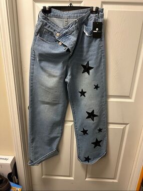 Light Blue Boyfriend Jeans with Black Star Details